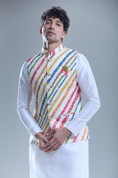 Shop_Arihant Rai Sinha_Cream Cotton Stripe Print Nehru Jacket _Online_at_Aza_Fashions