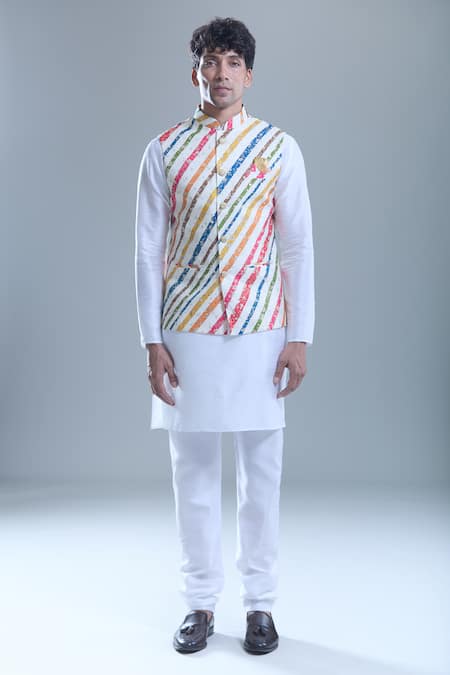 Arihant Rai Sinha_Cream Cotton Stripe Print Nehru Jacket _at_Aza_Fashions