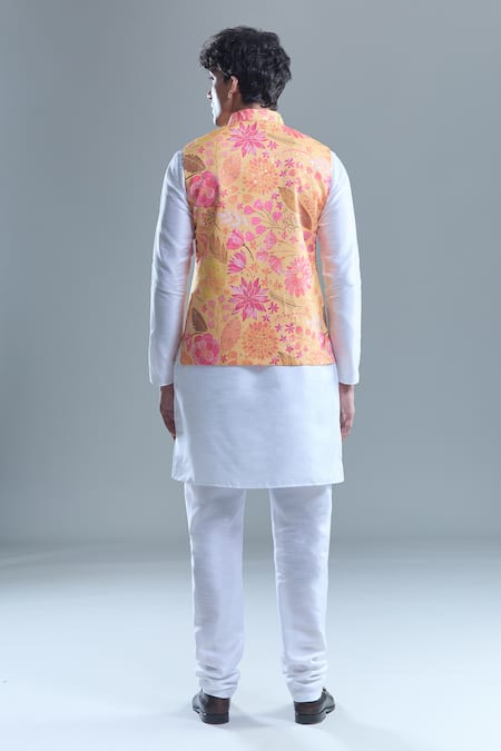 Shop Arihant Rai Sinha Yellow Cotton Gardenia Print Nehru Jacket at Aza Fashions Shop_Arihant Rai Sinha_Yellow Cotton Gardenia Print Nehru Jacket _at_Aza_Fashions