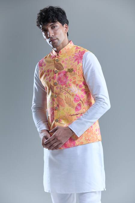 Arihant Rai Sinha Yellow Cotton Gardenia Print Nehru Jacket Online at Aza Fashions Arihant Rai Sinha_Yellow Cotton Gardenia Print Nehru Jacket _Online_at_Aza_Fashions