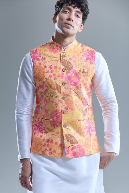 Buy Arihant Rai Sinha Yellow Cotton Gardenia Print Nehru Jacket Online at Aza Fashions Buy_Arihant Rai Sinha_Yellow Cotton Gardenia Print Nehru Jacket _Online_at_Aza_Fashions