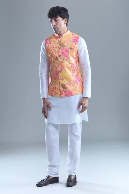Shop Arihant Rai Sinha Yellow Cotton Gardenia Print Nehru Jacket Online at Aza Fashions Shop_Arihant Rai Sinha_Yellow Cotton Gardenia Print Nehru Jacket _Online_at_Aza_Fashions