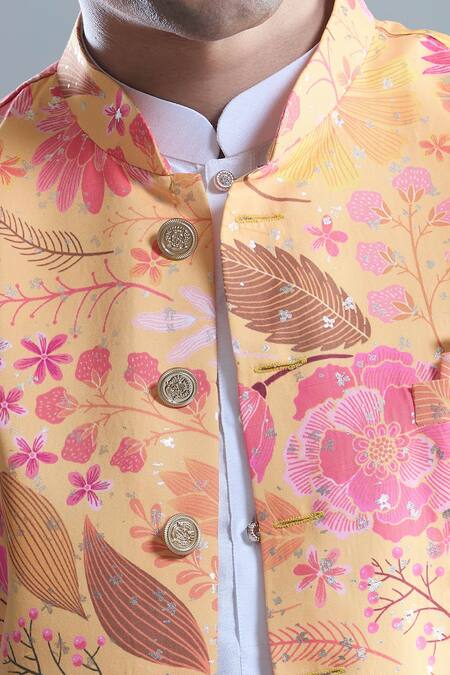 Arihant Rai Sinha Yellow Cotton Gardenia Print Nehru Jacket at Aza Fashions Arihant Rai Sinha_Yellow Cotton Gardenia Print Nehru Jacket _at_Aza_Fashions