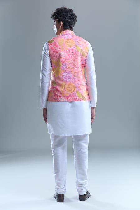 Shop Arihant Rai Sinha Pink Cotton Autumn Leaf Print Nehru Jacket at Aza Fashions Shop_Arihant Rai Sinha_Pink Cotton Autumn Leaf Print Nehru Jacket _at_Aza_Fashions
