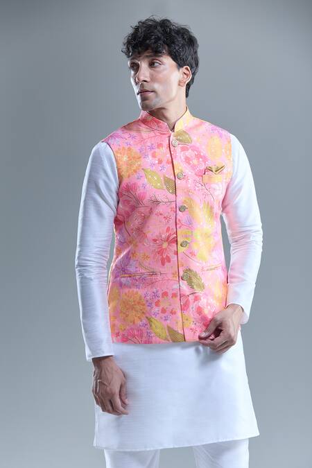 Arihant Rai Sinha Pink Cotton Autumn Leaf Print Nehru Jacket Online at Aza Fashions Arihant Rai Sinha_Pink Cotton Autumn Leaf Print Nehru Jacket _Online_at_Aza_Fashions