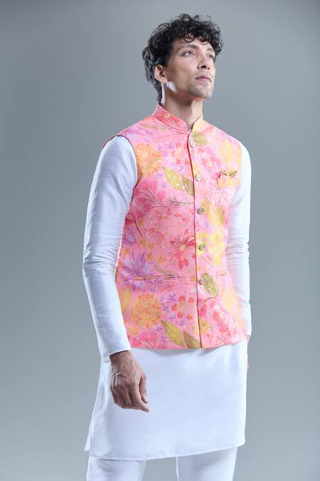 Buy Arihant Rai Sinha Pink Cotton Autumn Leaf Print Nehru Jacket Online at Aza Fashions Buy_Arihant Rai Sinha_Pink Cotton Autumn Leaf Print Nehru Jacket _Online_at_Aza_Fashions