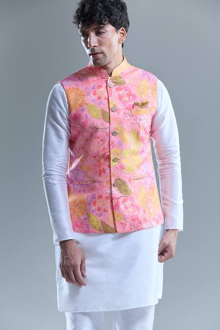 Shop Arihant Rai Sinha Pink Cotton Autumn Leaf Print Nehru Jacket Online at Aza Fashions Shop_Arihant Rai Sinha_Pink Cotton Autumn Leaf Print Nehru Jacket _Online_at_Aza_Fashions