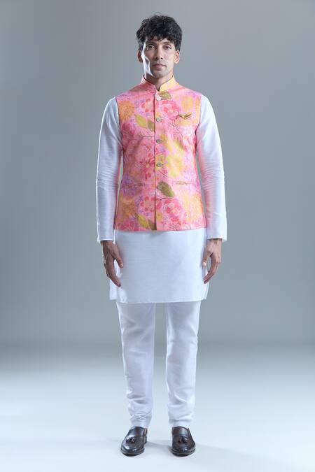Arihant Rai Sinha Pink Cotton Autumn Leaf Print Nehru Jacket at Aza Fashions Arihant Rai Sinha_Pink Cotton Autumn Leaf Print Nehru Jacket _at_Aza_Fashions