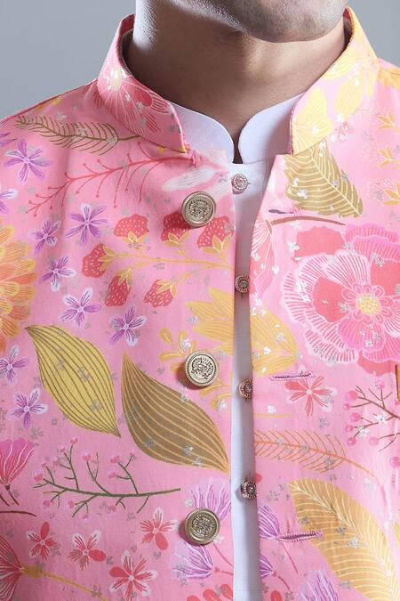 Buy Arihant Rai Sinha Pink Cotton Autumn Leaf Print Nehru Jacket Buy_Arihant Rai Sinha_Pink Cotton Autumn Leaf Print Nehru Jacket