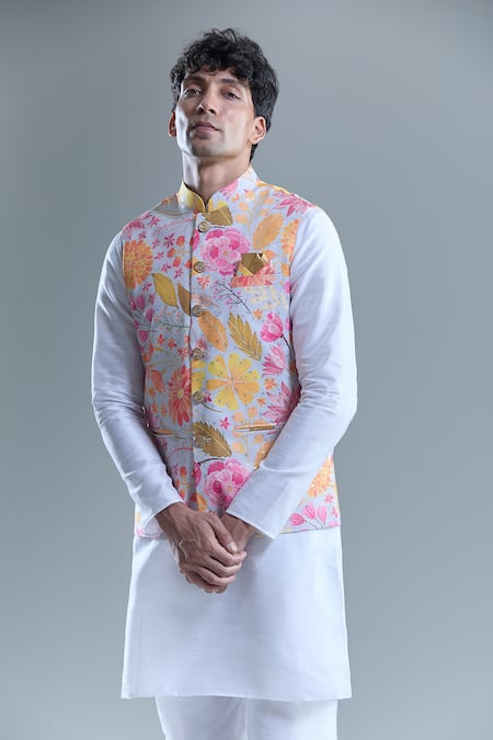 Arihant Rai Sinha_Gray Cotton Botanical Print Nehru Jacket _Online_at_Aza_Fashions