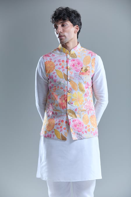 Buy_Arihant Rai Sinha_Gray Cotton Botanical Print Nehru Jacket _Online_at_Aza_Fashions