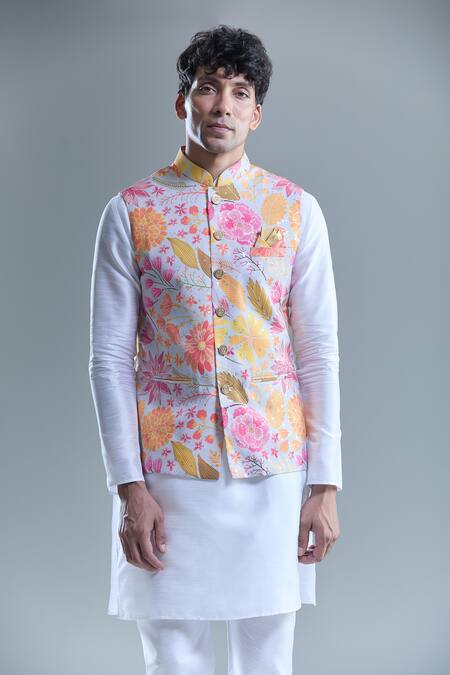 Shop_Arihant Rai Sinha_Gray Cotton Botanical Print Nehru Jacket _Online_at_Aza_Fashions