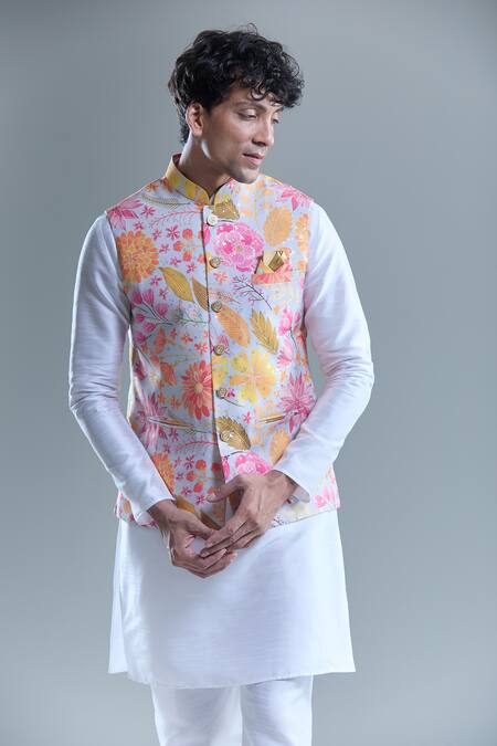 Arihant Rai Sinha_Gray Cotton Botanical Print Nehru Jacket _at_Aza_Fashions