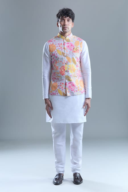 Buy_Arihant Rai Sinha_Gray Cotton Botanical Print Nehru Jacket 