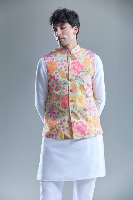 Buy_Arihant Rai Sinha_Yellow Cotton Embroidery Florette Print Nehru Jacket _Online_at_Aza_Fashions