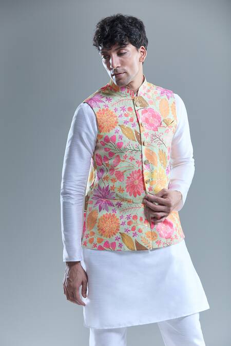 Shop_Arihant Rai Sinha_Yellow Cotton Embroidery Florette Print Nehru Jacket _Online_at_Aza_Fashions