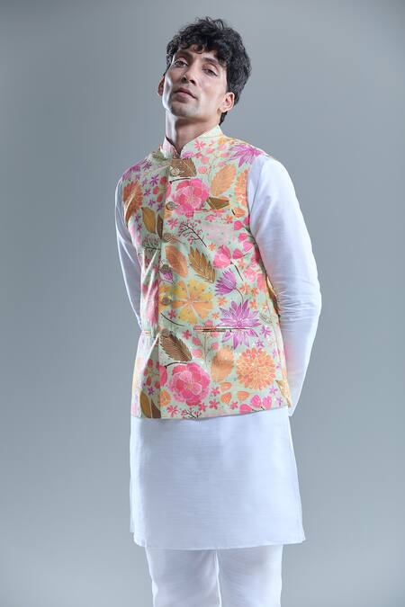 Arihant Rai Sinha_Yellow Cotton Embroidery Florette Print Nehru Jacket _at_Aza_Fashions