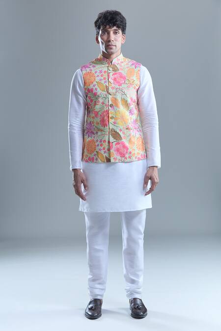 Buy_Arihant Rai Sinha_Yellow Cotton Embroidery Florette Print Nehru Jacket 