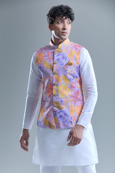 Arihant Rai Sinha Purple Cotton Embroidery Garden Print Nehru Jacket Online at Aza Fashions Arihant Rai Sinha_Purple Cotton Embroidery Garden Print Nehru Jacket _Online_at_Aza_Fashions