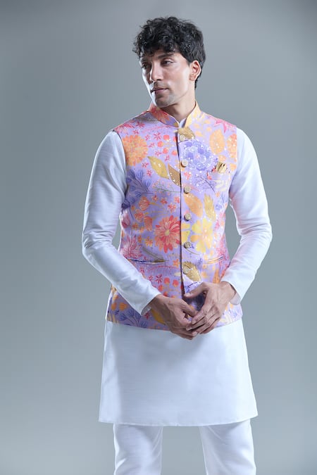 Shop Arihant Rai Sinha Purple Cotton Embroidery Garden Print Nehru Jacket Online at Aza Fashions Shop_Arihant Rai Sinha_Purple Cotton Embroidery Garden Print Nehru Jacket _Online_at_Aza_Fashions