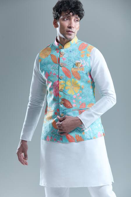 Arihant Rai Sinha_Blue Cotton Embroidery Leaf Print Nehru Jacket _Online_at_Aza_Fashions