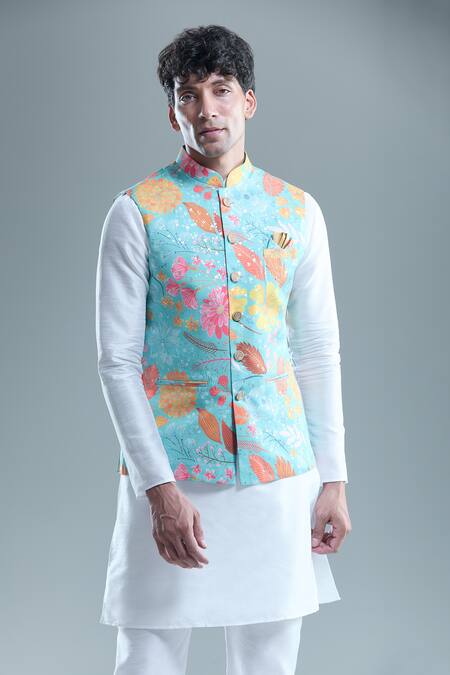 Buy_Arihant Rai Sinha_Blue Cotton Embroidery Leaf Print Nehru Jacket _Online_at_Aza_Fashions