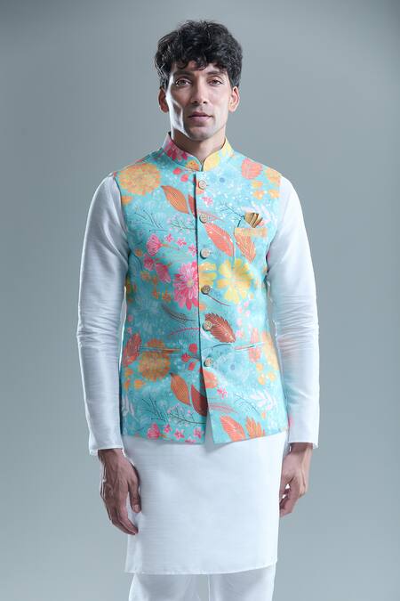 Shop_Arihant Rai Sinha_Blue Cotton Embroidery Leaf Print Nehru Jacket _Online_at_Aza_Fashions