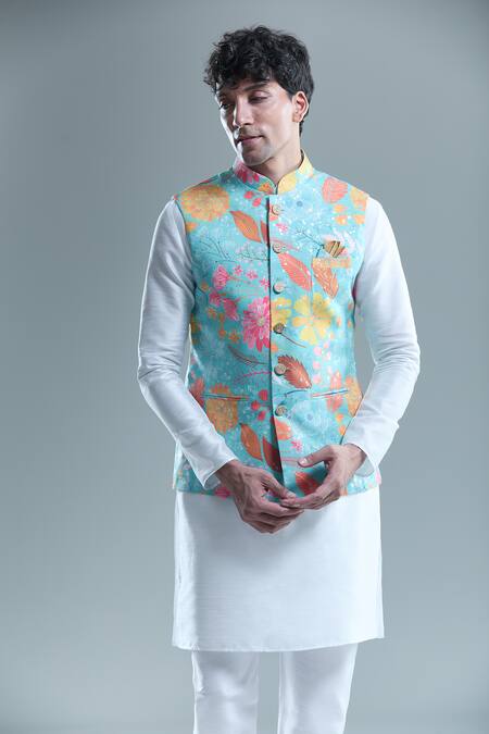 Arihant Rai Sinha_Blue Cotton Embroidery Leaf Print Nehru Jacket _at_Aza_Fashions