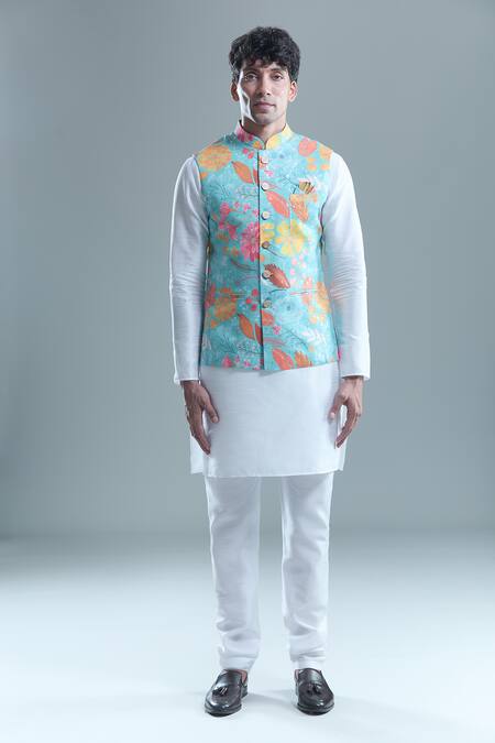 Buy_Arihant Rai Sinha_Blue Cotton Embroidery Leaf Print Nehru Jacket 