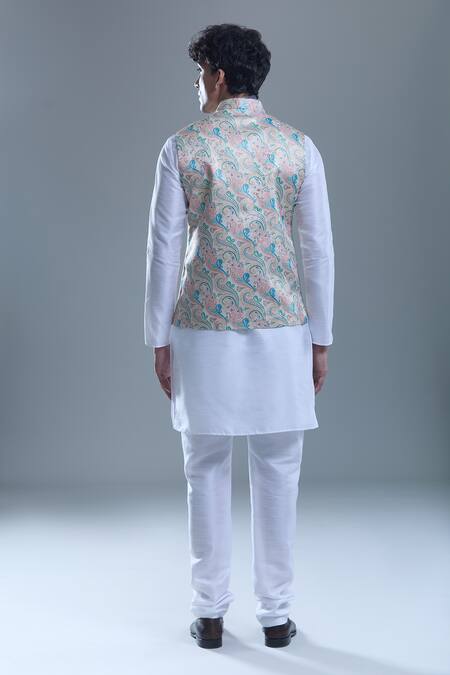 Shop_Arihant Rai Sinha_Beige Jacquard Embroidery Paisley Woven Nehru Jacket _at_Aza_Fashions