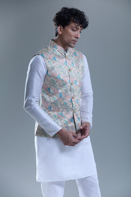 Arihant Rai Sinha_Beige Jacquard Embroidery Paisley Woven Nehru Jacket _Online_at_Aza_Fashions