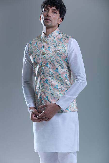 Buy_Arihant Rai Sinha_Beige Jacquard Embroidery Paisley Woven Nehru Jacket _Online_at_Aza_Fashions