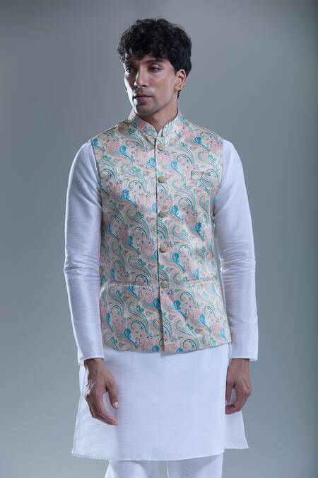 Shop_Arihant Rai Sinha_Beige Jacquard Embroidery Paisley Woven Nehru Jacket _Online_at_Aza_Fashions