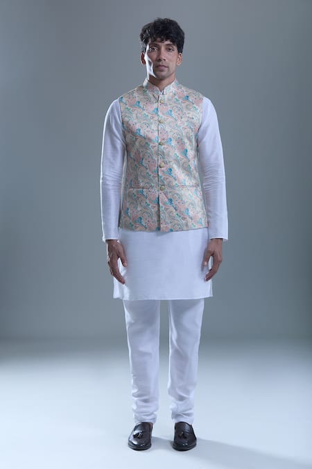 Arihant Rai Sinha_Beige Jacquard Embroidery Paisley Woven Nehru Jacket _at_Aza_Fashions