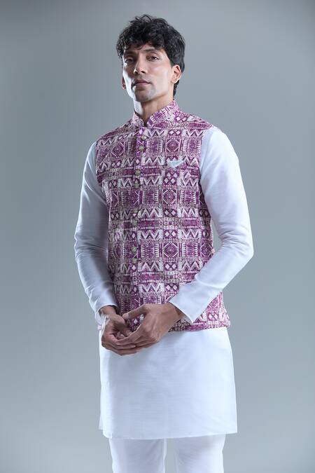 Arihant Rai Sinha_Purple Cotton Diamond Print Nehru Jacket _Online_at_Aza_Fashions