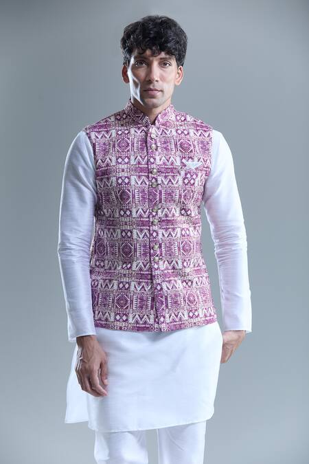 Buy_Arihant Rai Sinha_Purple Cotton Diamond Print Nehru Jacket _Online_at_Aza_Fashions