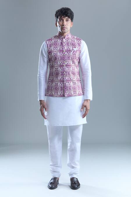 Shop_Arihant Rai Sinha_Purple Cotton Diamond Print Nehru Jacket _Online_at_Aza_Fashions