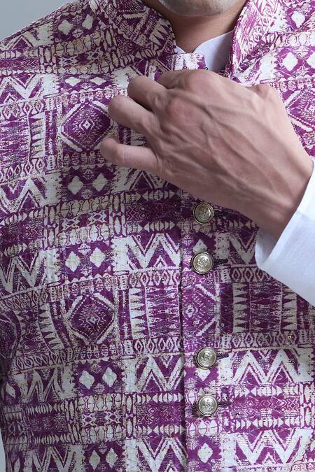 Arihant Rai Sinha_Purple Cotton Diamond Print Nehru Jacket _at_Aza_Fashions