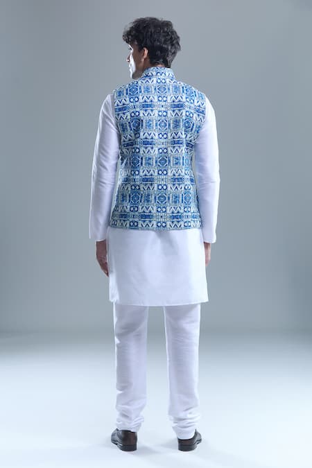 Shop_Arihant Rai Sinha_Blue Cotton Embroidery Zig Zag Print Nehru Jacket _at_Aza_Fashions