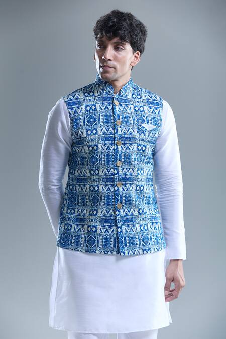 Arihant Rai Sinha_Blue Cotton Embroidery Zig Zag Print Nehru Jacket _Online_at_Aza_Fashions