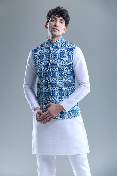 Buy_Arihant Rai Sinha_Blue Cotton Embroidery Zig Zag Print Nehru Jacket _Online_at_Aza_Fashions