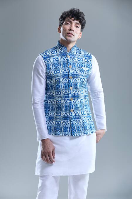 Shop_Arihant Rai Sinha_Blue Cotton Embroidery Zig Zag Print Nehru Jacket _Online_at_Aza_Fashions