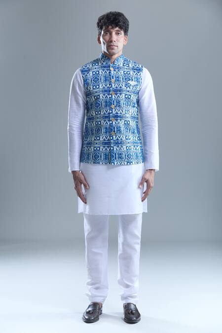 Arihant Rai Sinha_Blue Cotton Embroidery Zig Zag Print Nehru Jacket _at_Aza_Fashions
