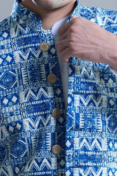 Buy_Arihant Rai Sinha_Blue Cotton Embroidery Zig Zag Print Nehru Jacket 