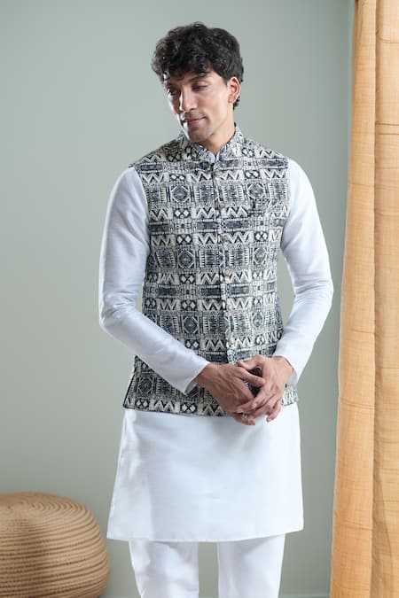 Arihant Rai Sinha Black Cotton Diamonds Printed Nehru Jacket 