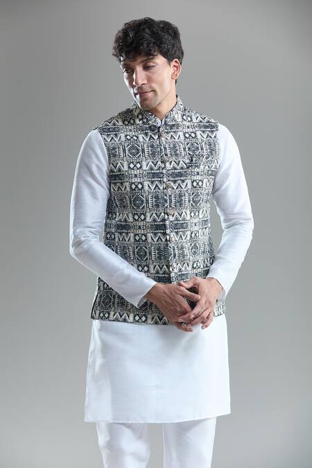 Arihant Rai Sinha_Black Cotton Diamonds Printed Nehru Jacket _Online_at_Aza_Fashions