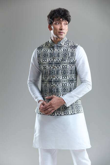 Buy_Arihant Rai Sinha_Black Cotton Diamonds Printed Nehru Jacket _Online_at_Aza_Fashions