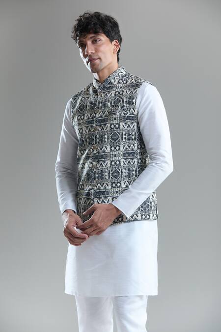 Shop_Arihant Rai Sinha_Black Cotton Diamonds Printed Nehru Jacket _Online_at_Aza_Fashions