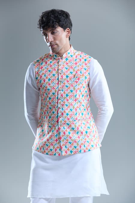 Arihant Rai Sinha Cream Cotton Embroidery Checkered Nehru Jacket Online at Aza Fashions Arihant Rai Sinha_Cream Cotton Embroidery Checkered Nehru Jacket _Online_at_Aza_Fashions
