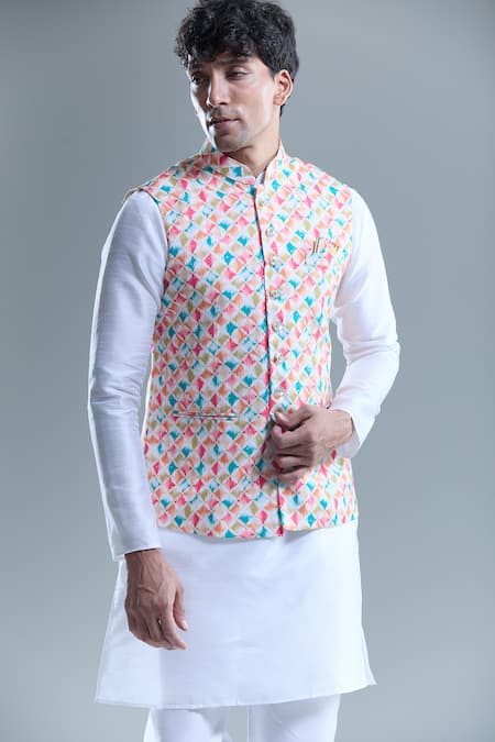 Buy Arihant Rai Sinha Cream Cotton Embroidery Checkered Nehru Jacket Online at Aza Fashions Buy_Arihant Rai Sinha_Cream Cotton Embroidery Checkered Nehru Jacket _Online_at_Aza_Fashions